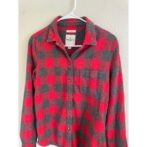 VTG American Eagle Outfitters Red Gray Plaid Flannel Button Up Shirt Women's Med